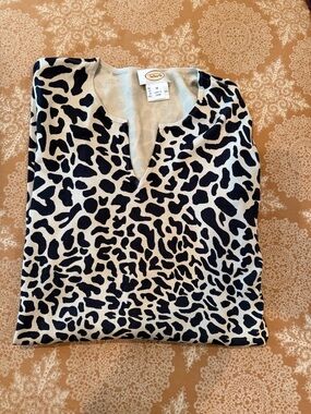 Talbots Black and White Animal Print Split-Neck Top